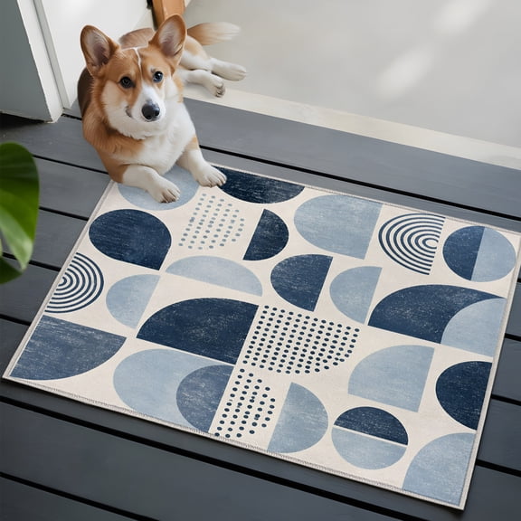 Abstract Semicircles Washable Entry Rug 2x3 Boho Art Modern Denim Blue Geometrics Low Pile Indoor Door Mat with Rubber Backing Thin Area Rug for for Entrance, Bedroom, Kitchen, Laundry, Bathroom