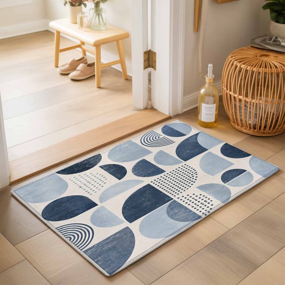 Abstract Semicircles Washable Small Entryway Area Rugs 2'x3', Boho Art Modern Denim Blue Geometrics Washable Throw Rug Non-Slip Sturdy Edge Binding Carpet for Front Door Floor Room Entry