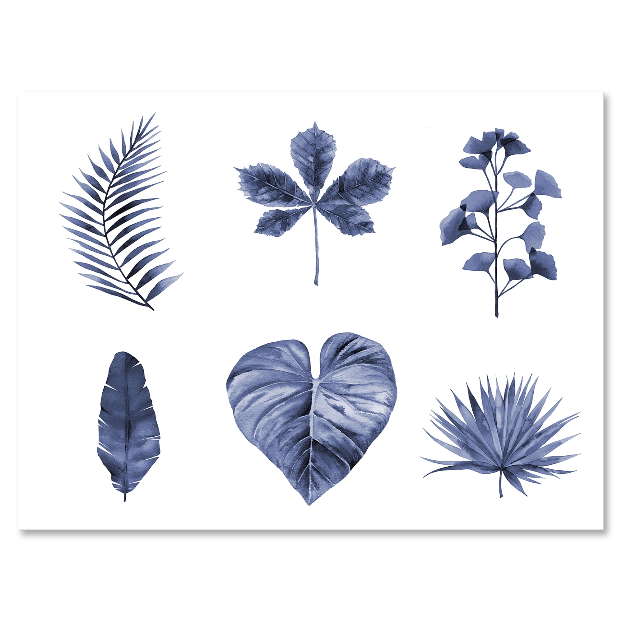 Abstract Set Of Plant Leaves Blue 12 in x 8 in Painting Canvas Art Print, by Designart