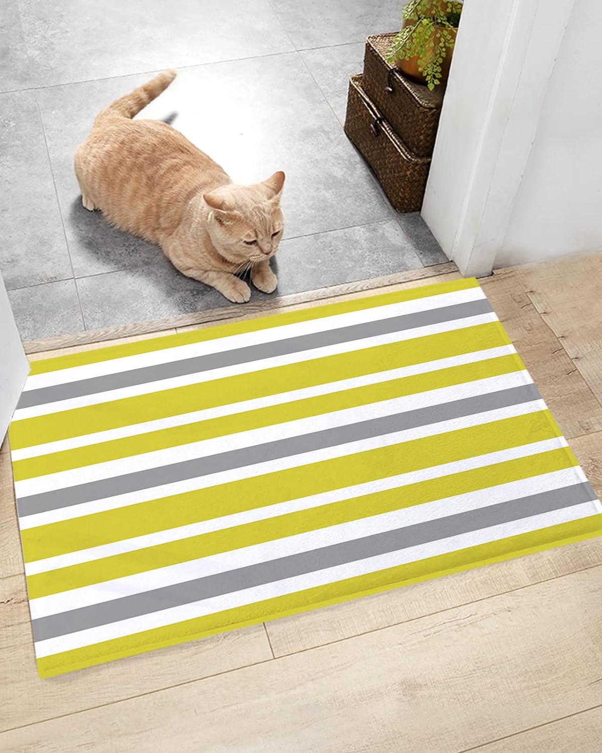 Abstract Shaggy Bath Mat, Yellow Grey Striped NonSlip Bathroom Rug