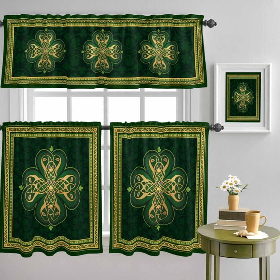 Abstract Shamrock Celtic Knot Curtain Tier and Valance Set 3 Piece, St. Patrick's Day Green Theme 3-inch Rod Pocket Window Tier Curtains Valance for Kitchen Living Room