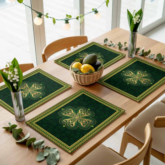 Abstract Shamrock Celtic Knot Placemats Set of 4,Wipeable Washable Table Mats for Dining Tables, St. Patrick's Day Green Theme Place Mats for Kitchen Event Party Tabletop Decor
