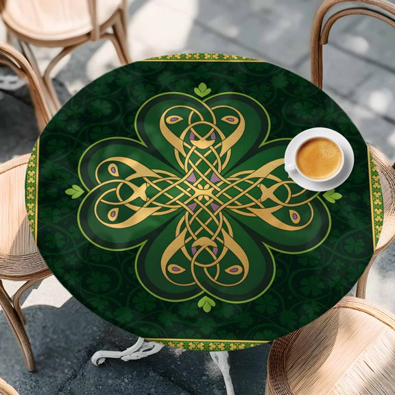 Abstract Shamrock Celtic Knot Round Fitted Tablecloth with Elastic Edge,Waterproof Table Cloth Fits Tables Up to 55"-60",Wipeable Washable Table Cover for Indoor Outdoor Dinning Party,Green Theme