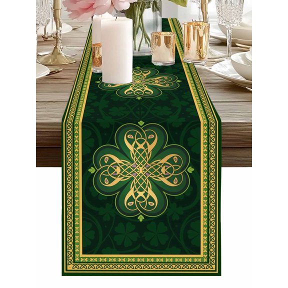 Abstract Shamrock Celtic Knot Table Runner-36 Inch Long St. Patrick's Day Green Theme Table Runners Linen Burlap Tablerunner for Kitchen Dining Room Holiday Party