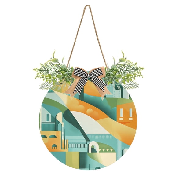 Abstract Shape Vector Art Front Door Porch Decoration Hanging Sign with Artificial Green Plants and Bow for Home Outdoor Indoor