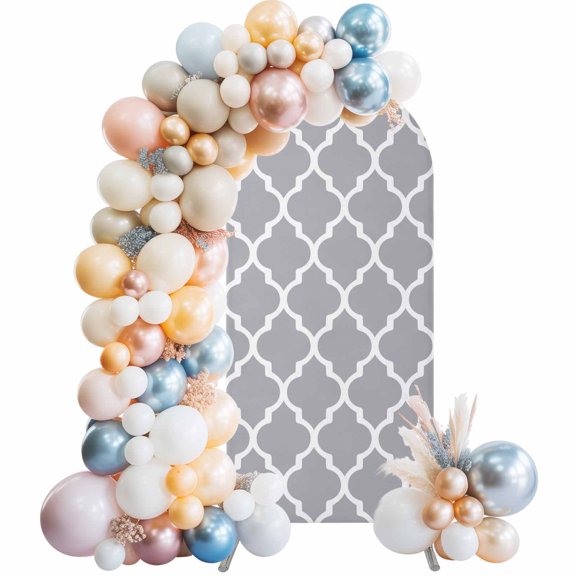 Abstract Shapes Arch Backdrop Cover 4 FT Simple Abstract White Lines Shape Grey Background Stretchy Elastic Arch Stand Covers Spandex Arched Background Birthday Wedding Party Decoration (No Stand)