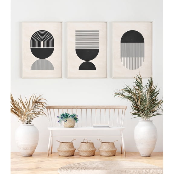 Abstract Shapes Art Boho Art Mid Century Style Woodblock Neutral Colors Set 3 Unframed Paper Print 8x12