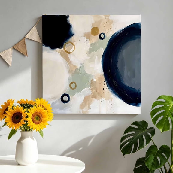Abstract Shapes Canvas Wall Art for Living Room, Minimalist Navy Beige Green Circular Forms Rings Poster Print Painting for Bedroom Office Home Decoration Wall Pictures Prepare To Hang 8"x8"