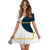 Abstract Shapes Minimal Design Women Dress V-Neck Short Sleeve Flowy ...