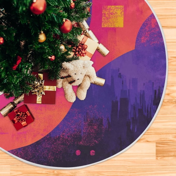 Abstract Shapes Purple Christmas Tree Skirt Stand Mat Waterproof Floor Protection Mat for Holiday Decoration