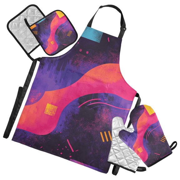 Abstract Shapes Purple Oven Mitts and Pot Holders with Chef Apron Set 5 Pcs Kitchen Cooking Set