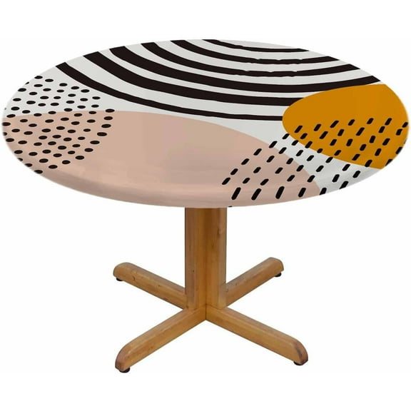 Abstract Shapes Round Table Cloth Mid Century Inspired Art Organic Shapes Trendy Elastic Edged Table Cover Fade And Stain Resistant Table Cloths Easy To Clean Fits Tables 40-44" Diameter