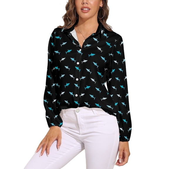 Abstract Shark Symbols Long Sleeve Blouse Woman Streetwear Casual Shirts Summer Oversize Woman Streetwear Clothing Birthday Present