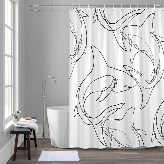 Abstract Sharks 72x78 Inches Waterproof Shower Curtain, Black Line Fish Ocean Life Simple Style Bath Curtain Set with 12 Hooks Washable Shower Curtains for Bathroom Bathtub Decor