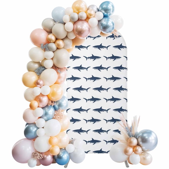 Abstract Sharks Arch Backdrop Cover 4 FT Navy Blue Fish Simple Style Ocean Life Stretchy Elastic Arch Stand Covers Spandex Arched Background Birthday Wedding Party Decoration (No Stand)