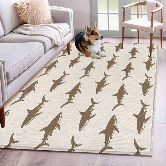 Abstract Sharks Area Rugs 4x6 ft Vintage Brown Fish Simple Style Ocean Life Washable Rug Non Slip Indoor Carpet Absorbent Floor Mat for Living Room Bedroom Dining Room