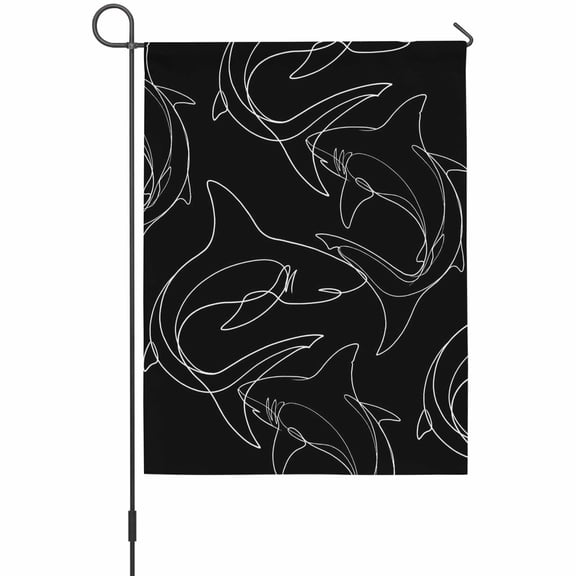 Abstract Sharks Garden Flag 12 x 18 Inches, Black Background Line Fish Ocean Life Simple Style Weather Proof Outdoor Patio Flags Double Sided Small Garden Decoration for Yard Outside Home