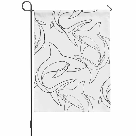 Abstract Sharks Garden Flag 12 x 18 Inches, Black Line Fish Ocean Life Simple Style Weather Proof Outdoor Patio Flags Double Sided Small Garden Decoration for Yard Outside Home