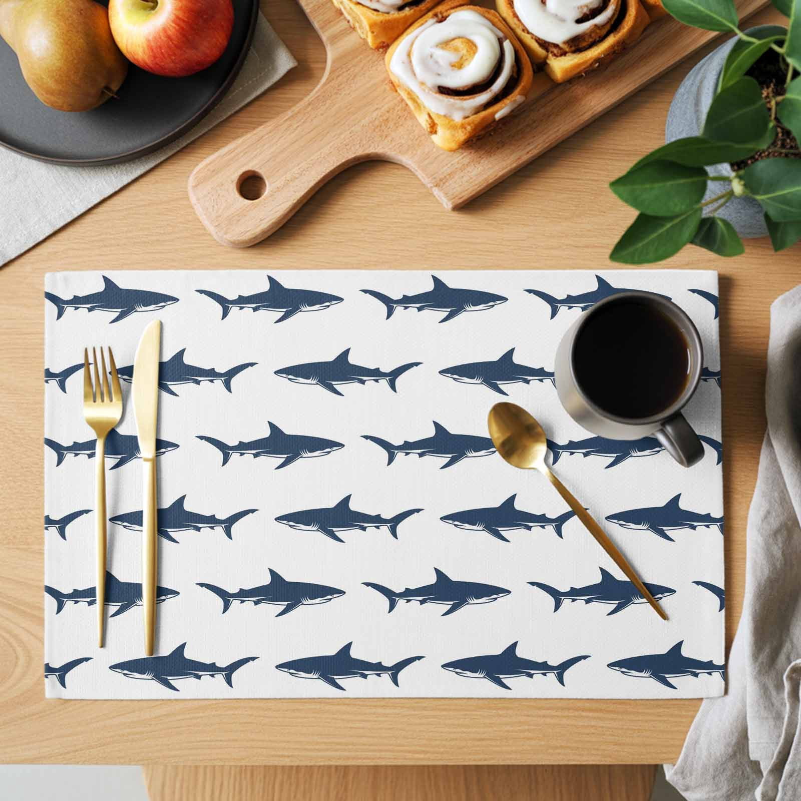 Abstract Sharks Placemats Set of 8, Navy Blue Fish Simple Style Ocean ...