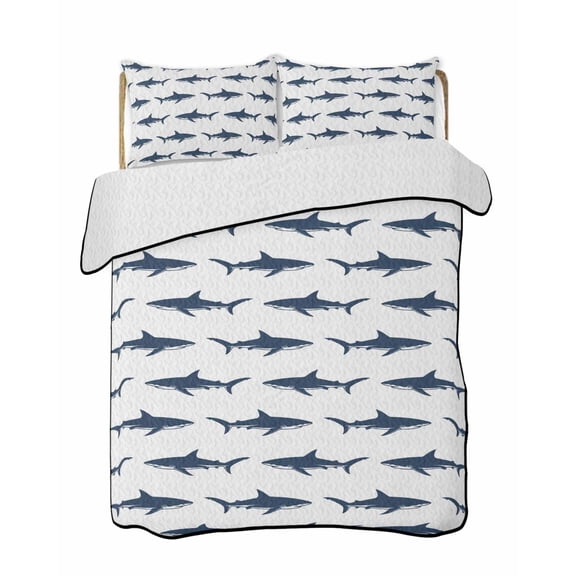 Abstract Sharks Quilts Bedding Set Full Size Navy Blue Fish Simple Style Ocean Life Lightweight Quilted Bedspread 3 Piece Bed Quilt with 2 Pillow Shams All Season for Bedroom 68" x 98"