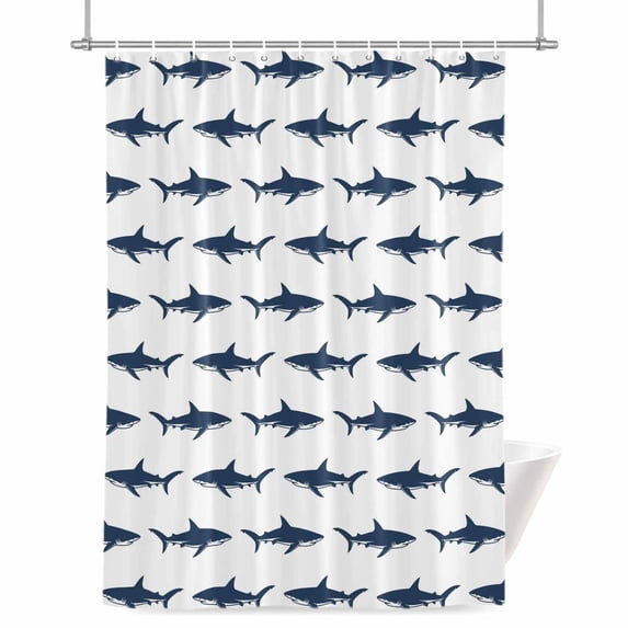 Abstract Sharks Shower Curtain, 36" x 72", Navy Blue Fish Simple Style Ocean Life Waterproof Bathroom Curtain Washable Shower Curtain Set with 12 Hooks
