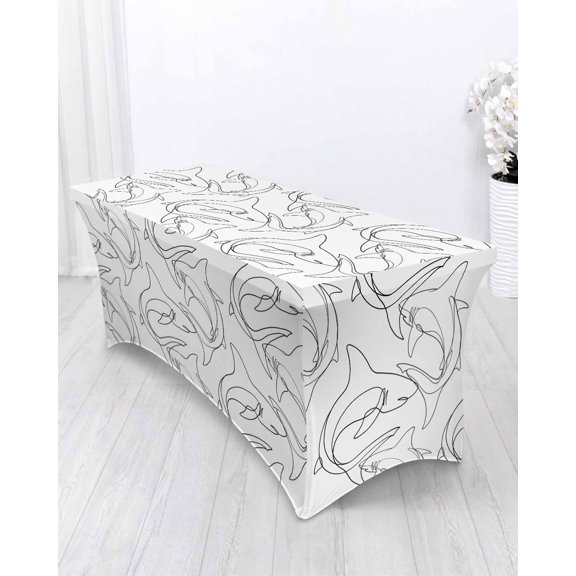 Abstract Sharks Spandex Tablecloth 4ft Black Line Fish Ocean Life Simple Style Elastic Fitted Cloth for Rectangle Table Washable Wrinkle Proof Stretch Table Cover for Wedding Party Birthday Banquet