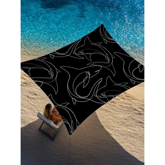 Abstract Sharks Sun Shade Sail 6.5' x 10', Black Background Line Fish Ocean Life Simple Style Rectangle Outdoor Sunshade Canopy, Waterproof UV Block Patio Covers for Garden Yard Beach