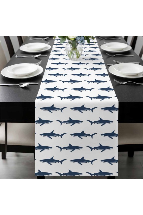 Abstract Sharks Table Runner, Navy Blue Fish Simple Style Ocean Life Washable Cotton-linen Table Runners Dining Kitchen Decoration for Everyday Home Wedding Party Decor, 13 x 36 Inch