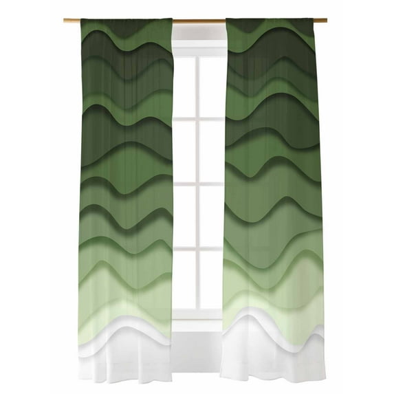 Abstract Sheer Curtains 108 Inch Long 2 Panels, Green Gradient Ocean Waves Sandy Beach Light Filtering Rod Pocket Semi Sheer Curtains, Sheer Voile Drapes for Living Room Bedroom, 52"x108"