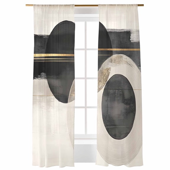 Abstract Sheer Curtains 108 inches Long 2 Panels Set Mottled Geometric Black Gold Stripe Circle Moon Sheer Window Curtain Rod Pocket Voile Drapes for Living Room/Bedroom, Each 52" W x 108" L