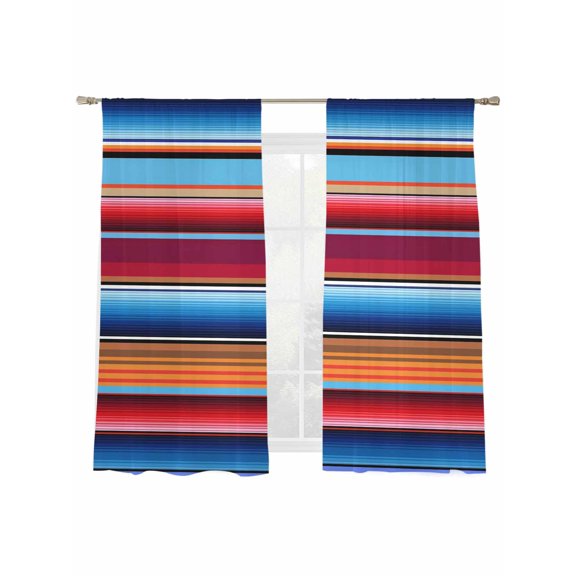 Abstract Sheer Curtains 2 Panels Set Colorful Mexican Stripe Blue Red Farmhouse Sheer Window Curtains Light Filtering Rod Pocket Voile Drapes for Bedroom Living Room 52"x63"