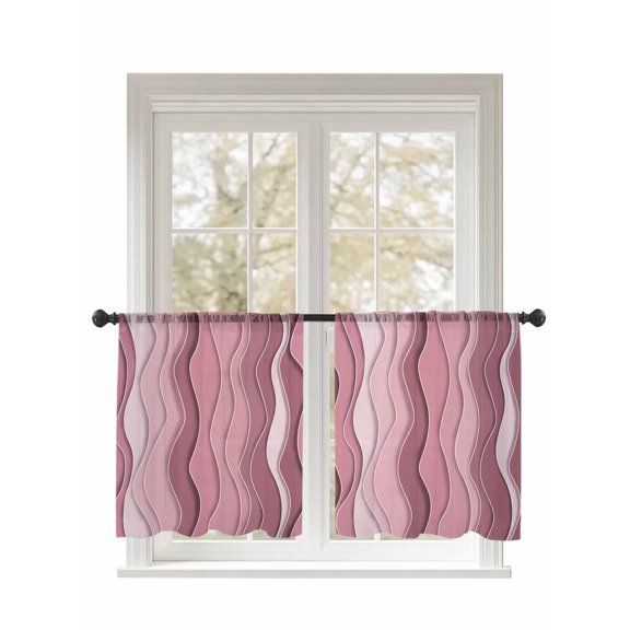 Abstract Sheer Curtains 45 Inch Long 2 Panels, Pink Gradient Waves Beach Lines Light Filtering Rod Pocket Semi Sheer Curtains, Sheer Voile Drapes for Living Room Bedroom, 52"x45"