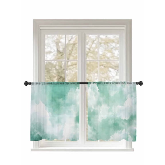 Abstract Sheer Curtains 45 Inch Long 2 Panels, Watercolor Green Gradient Clouds Sky Light Filtering Rod Pocket Semi Sheer Curtains, Sheer Voile Drapes for Living Room Bedroom, 52"x45"