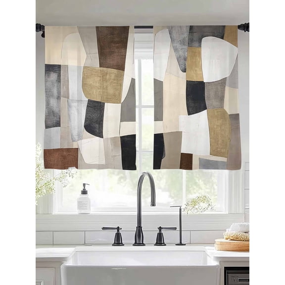 Abstract Sheer Curtains 45 Inches Long 2 Panels Beige Brown Black Oil Painting Color Block Modern Light Filtering Semi Sheer Window Curtains Drapes for Bedroom Living Room 52"x45"