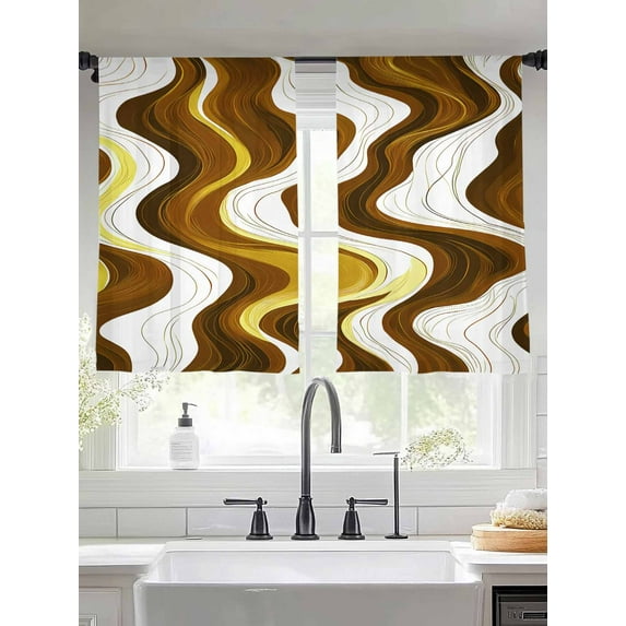 Abstract Sheer Curtains 45 Inches Long 2 Panels Wavy Lines Yellow and White Gradient Texture Modern Light Filtering Semi Sheer Window Curtains Drapes for Bedroom Living Room 52"x45"