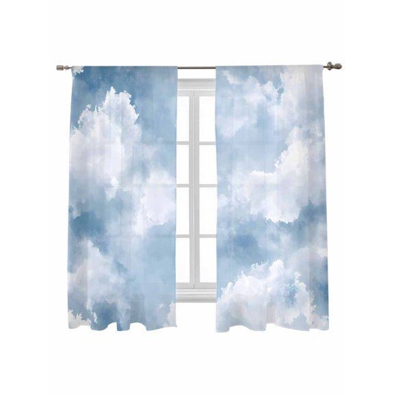 Abstract Sheer Curtains 72 Inch Long 2 Panels, Watercolor Blue Gradient Clouds Sky Light Filtering Rod Pocket Semi Sheer Curtains, Sheer Voile Drapes for Living Room Bedroom, 52"x72"