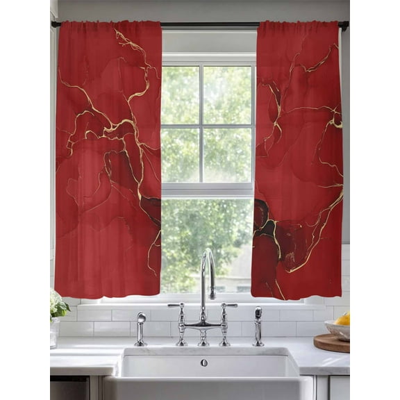 Abstract Sheer Curtains 72 Inches Long 2 Panels Red Golden Marble Fluid Lines Light Filtering Semi Sheer Window Curtains Drapes for Bedroom Living Room 52"x72"