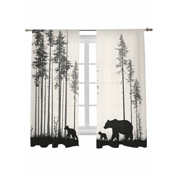 Abstract Sheer Curtains 72 inches Long 2 Panels Set Forest Walking Bear Family Pine Tree Silhouette Sheer Window Curtain Rod Pocket Voile Drapes for Living Room/Bedroom, Each 52" W x 72" L