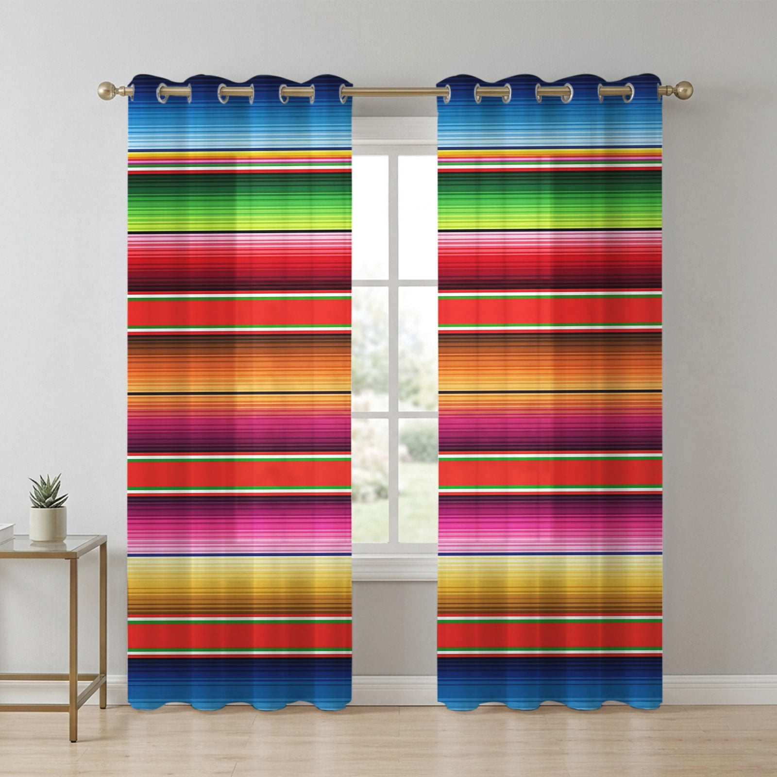 Abstract Sheer Curtains 84 Inch Long 2 Panels, Colorful Mexican Stripe ...