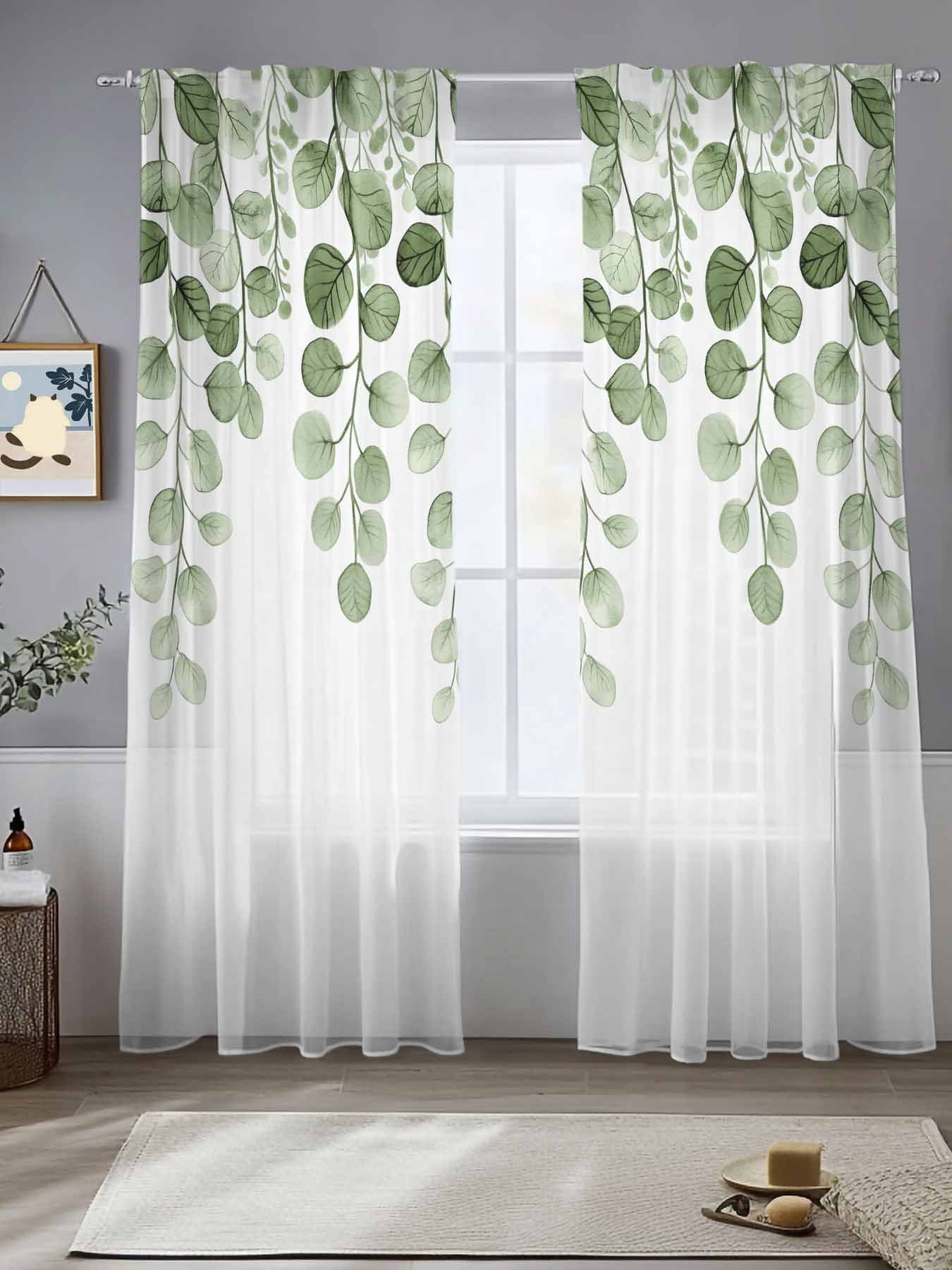 Picture of Abstract Sheer Curtains 84 Inches Long 2 Panels Country Sage Green Eucalyptus Flora Plant Light ...