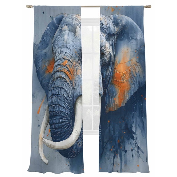Abstract Sheer Curtains 84 inches Long 2 Panels Set Elephant Portrait Artistic Modern Navy Blue Sheer Drapes Rod Pocket Window Curtains for Living Room/Bedroom