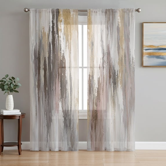 Abstract Sheer Curtains 96 Inch Length 2 Panels Set, Impressionist Artwork Vertical Paint Streaks Voile Window Treatment Semi Sheer Long Curtains Drapes for Bedroom/Living Room/Kitchen 52"x96"x2