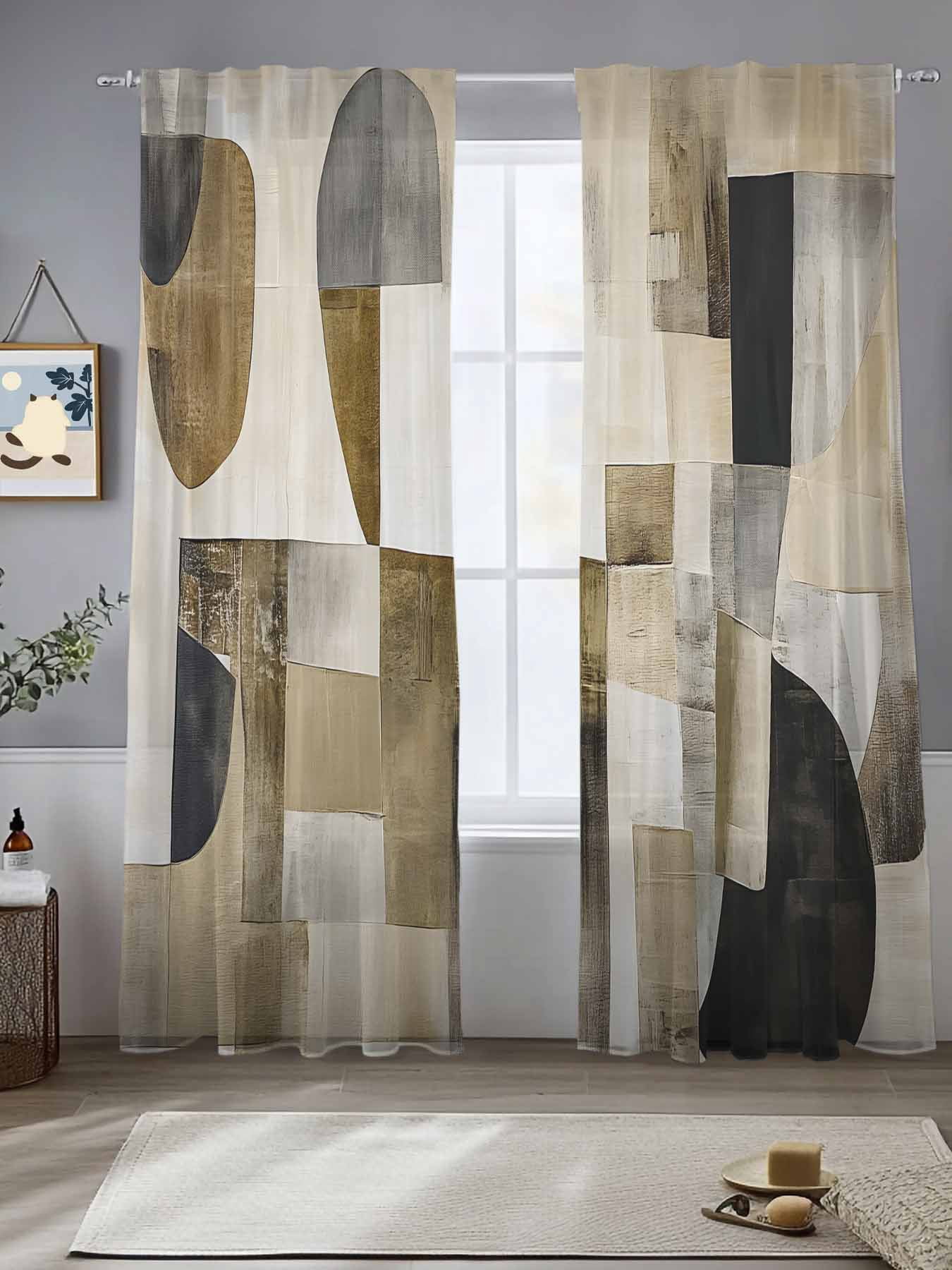 Abstract Sheer Curtains 96 Inches Long 2 Panels Brown Black Color Block
