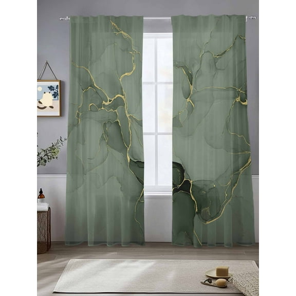 Abstract Sheer Curtains 96 Inches Long 2 Panels Sage Green Golden Marble Fluid Lines Light Filtering Semi Sheer Window Curtains Drapes for Bedroom Living Room 52"x96"