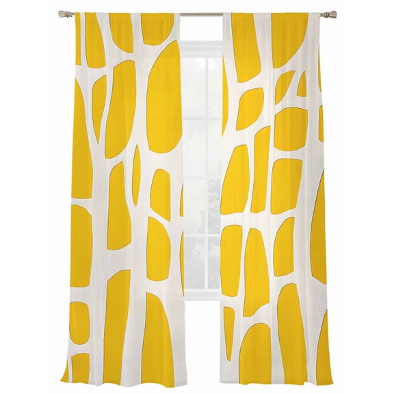 Abstract Sheer Curtains for Living Room Bedroom, Light-filtering Sheer Curtain, Modernism Yellow Color Block Line Pattern Rod Pocket Voile Window Treatment Drapes, 52’’Wx108’’L, 2 Panels Set