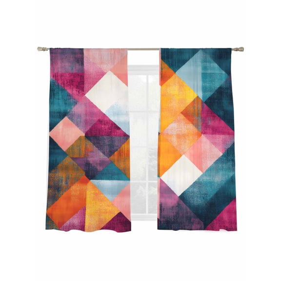 Abstract Sheer Curtains for Living Room Bedroom, Light-filtering Sheer Curtain, Yellow Blue Pink Angular Composition Rod Pocket Voile Window Treatment Drapes, 52’’Wx72’’L, 2 Panels Set