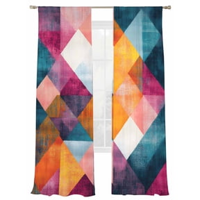 Abstract Sheer Curtains for Living Room Bedroom, Light-filtering Sheer Curtain, Yellow Blue Pink Angular Composition Rod Pocket Voile Window Treatment Drapes, 52’’Wx96’’L, 2 Panels Set
