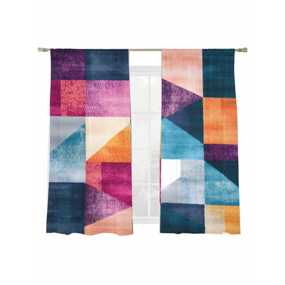 Abstract Sheer Curtains for Living Room Bedroom, Light-filtering Sheer Curtain, Yellow Pink Blue Angular Composition Rod Pocket Voile Window Treatment Drapes, 52’’Wx72’’L, 2 Panels Set