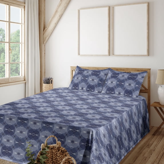 Ambesonne Abstract Fitted & Flat Sheet with Shams 4 Pcs Set, Circular Modern Shapes Art, Queen, Ceil Blue and Dark Lavender