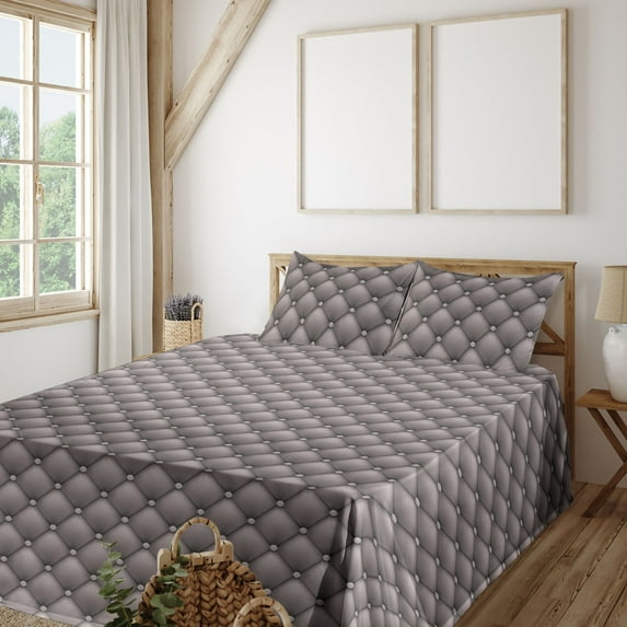 Ambesonne Abstract Fitted & Flat Sheet with Shams 4 Pcs Set, Geometric Print Motifs Art, King, Dimgray